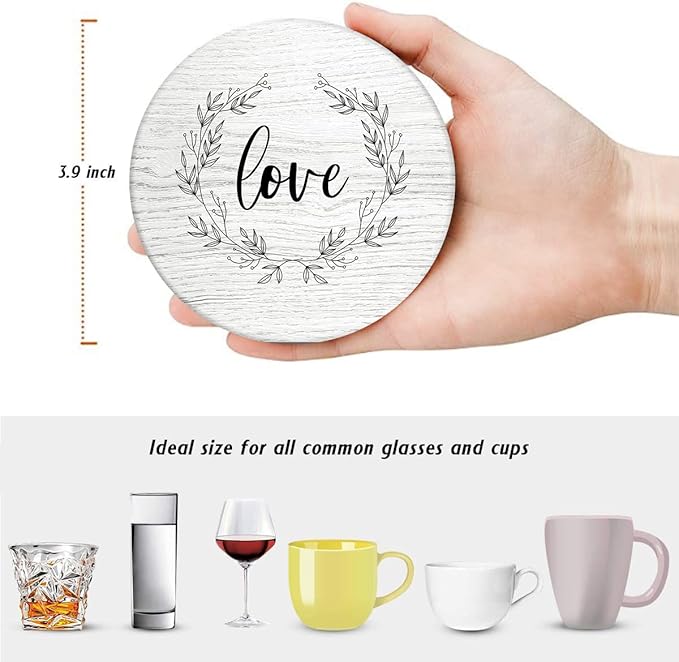 Britimes Coaster for Drinks Set of 6, White Wood Inspirational Love Wreath Absorbent Round Ceramic Stone Mat, with Cork Base and Metal Holder, Gift for Housewarming Room Bar Decor