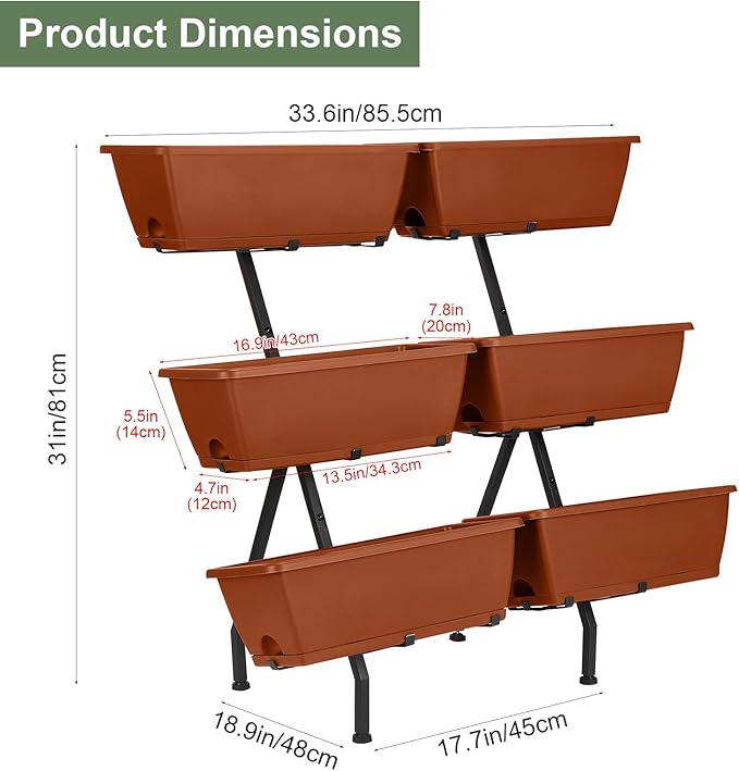 HEOMU 3 Tier Vertical Garden Planter with 6 Boxes, Vertical Raised Garden Bed with Adjustable Feet Pads, Raised Planter for Herb Flower Vegetable Plants in Patio Balcony Deck Indoor Outdoor, Brick Red
