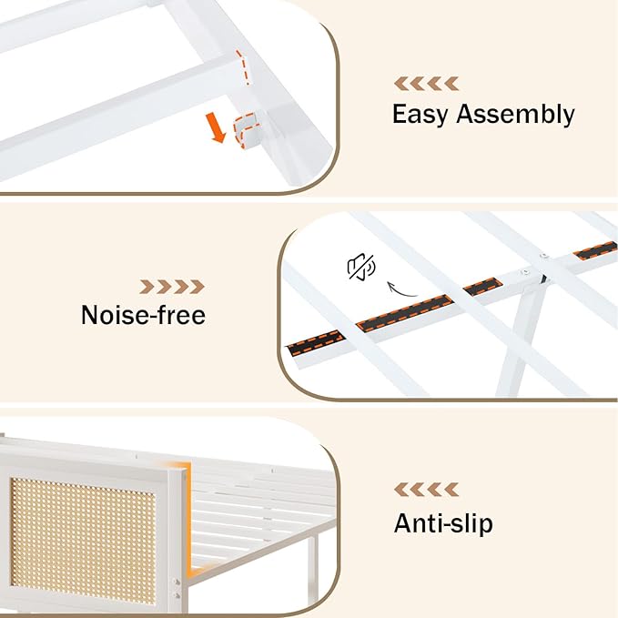 Rattan Bed Frame, Boho King Bed Frame and Headboard, Metal Platform King Size Bed Frames with Strong Slat Support, No Box Spring Needed, Noise Free, Easy Assembly, White