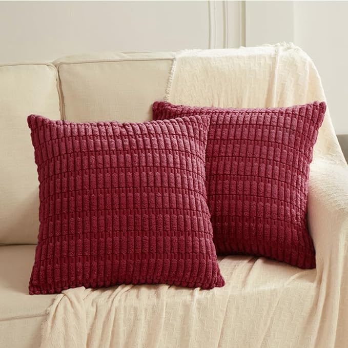 Fancy Homi 2 Packs Christmas Wine Red Decorative Throw Pillow Covers 16x16 Inch for Living Room Couch Bed Sofa, Modern Farmhouse Boho Home Decor, Soft Corduroy Burgundy Square Cushion Case 40x40 cm