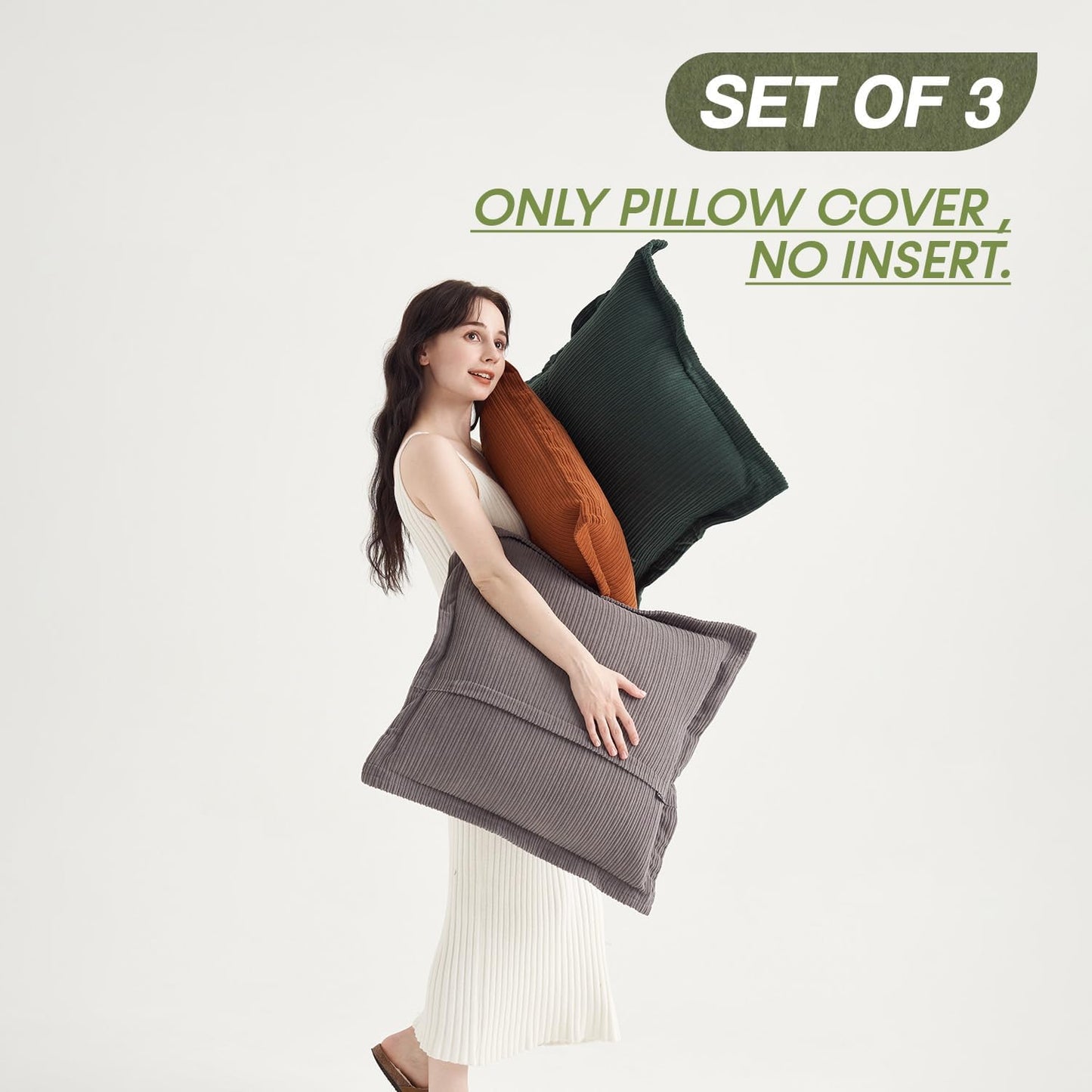 Pack of 3 Neutral Boho Decorative Throw Pillow Covers 18x18inch, Super Soft Textured Corduroy Pillow Covers Apartment Boho Room Decor for Couch Sofa Living Room Loung（Grey，Dark Green & Rust）
