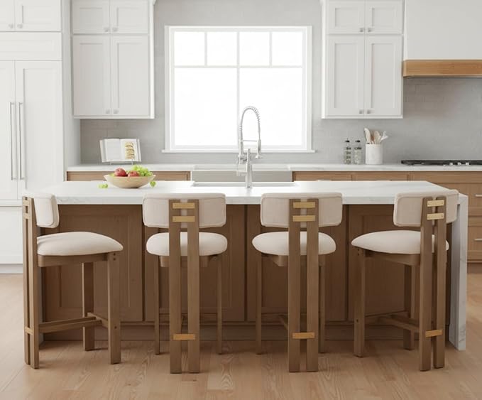 26” Counter Stools Set of 4 Counter Height Bar Stools with Back and Solid Wood Legs Modern Farmhouse Linen Upholstered Kitchen Bar Stools Countertop Chairs, Beige