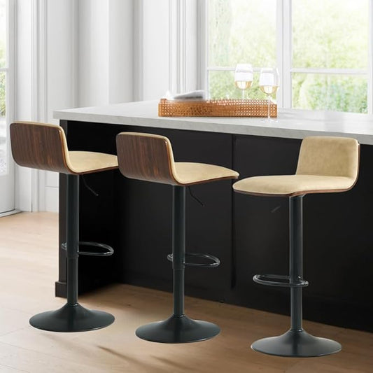 Set of 3 Swivel Bar Stools Adjustable Height, Faux Leather Barstools with Wooden Back and Footrest, Counter Height Bar Height Chairs for Kitchen Island, Dining Room, Beige