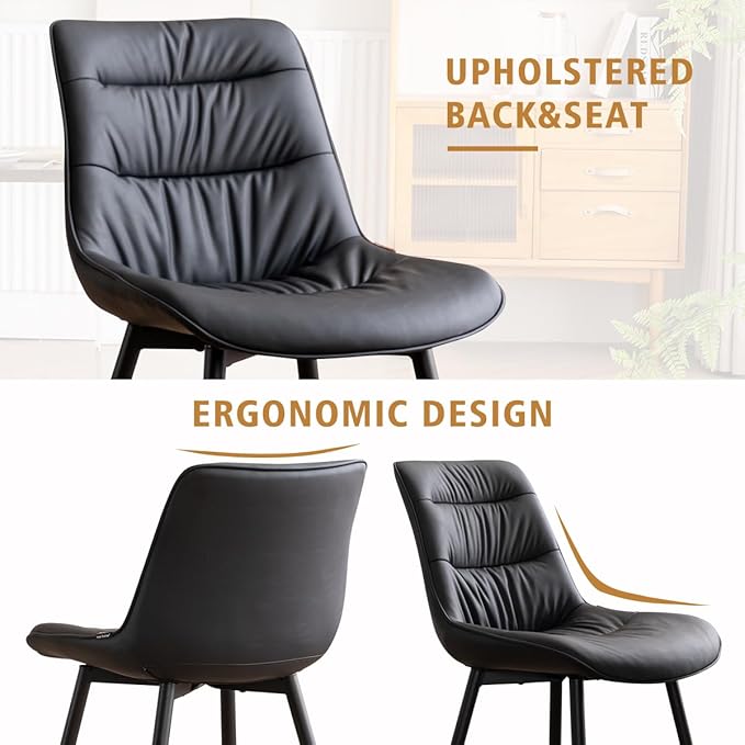 Kidol & Shellder Dining Chairs Set of 2, Modern Upholstered PU Leather Kitchen Side Chairs with Comfortable Back - Mid-Century Armless Chair for Dining Living Room Bedrooms, with Metal Legs (Black)