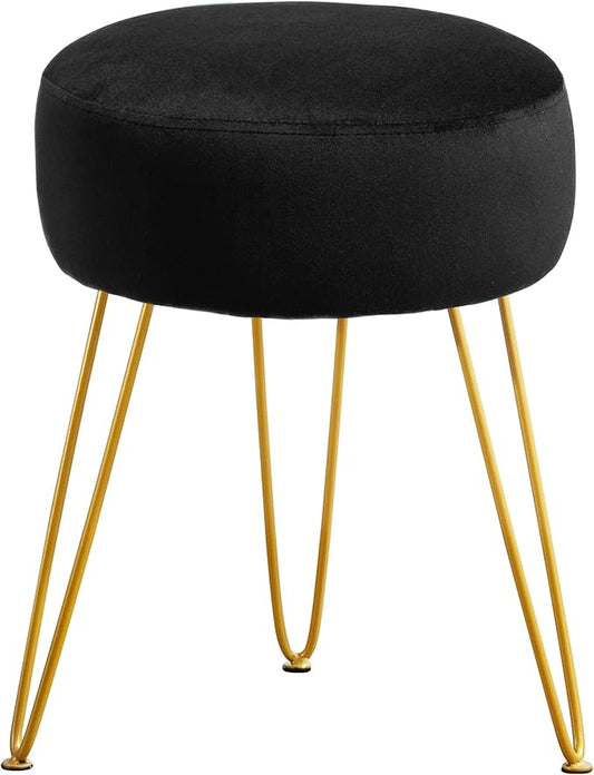 LUE BONA Vanity Stool, Black Vanity Stools for Makeup Room, Round Ottoman Foot Stool, Velvet Footrest Vanity Chair for Bathroom Vanity, Bedroom, Living Room, Entryway, Offices