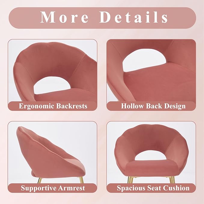 Modern Small Accent Chair Set of 4, Comfy Velvet Vanity Chair with Shell Back & Golden Metal Legs, Decorative Dining Chair no Wheels for Living Room, Makeup Room, Bedroom, Pink