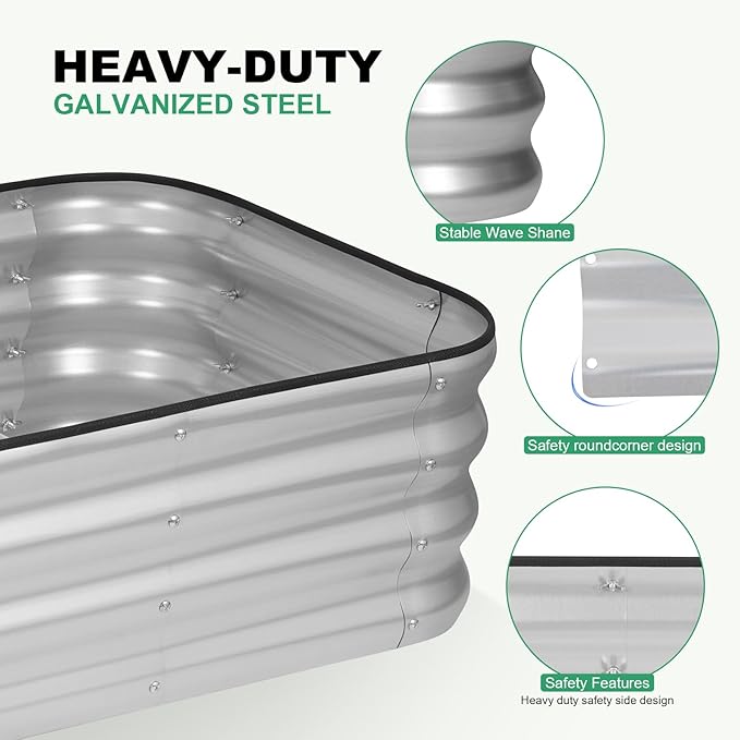 1MORE Raised Garden Bed -5X3X1 Galvanized Planter Box for Outdoor Gardening,4 in 1 Modular Raised Bed Kit with Protective Tape, Gloves for Herb，Ideal for Vegetables and Plants.sliver-1Pcs