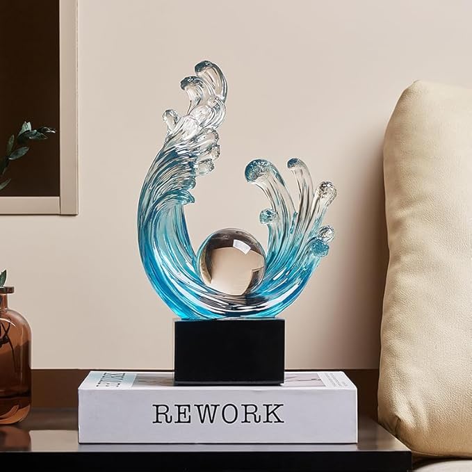 Modern Abstract Decorative Style Statue, Blue Abstract Art Home Decor,Crystal Circular Art Wave Resin Sculpture, Office Desk Stand, Dining Table Center Decorative Aesthetics (A,Light-Blue)