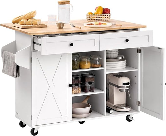 VEVOR Kitchen Island Cart, with Solid Wood Top and Storage Cabinet, Mobile Rolling Table with Drop Leaf, Drawers, Spice Towel Rack, Portable Islands on Swivel Wheels for Dining Room, 52in Width, White