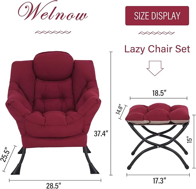 Welnow Lazy Chair with Ottoman, Modern Lounge Accent Chair with Armrests and a Side Pocket, Leisure Sofa Armchair, Reading Armchair with Footrest for Small Space, Burgundy
