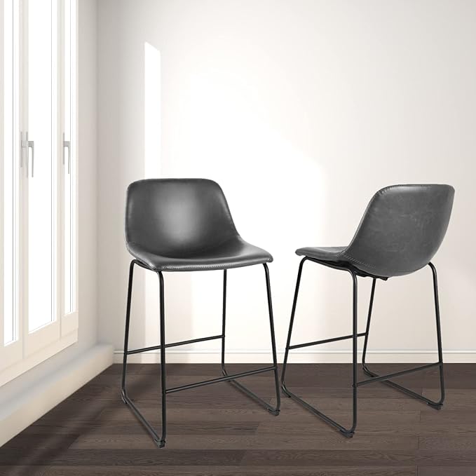 Rfiver Pu Faux Leather Bar Stools Set of 2, Industrial Pub Barstools with Back and Footrest, Modern Armless Bar Height Stool Chairs (Grey, 24" Counter Chair x2)
