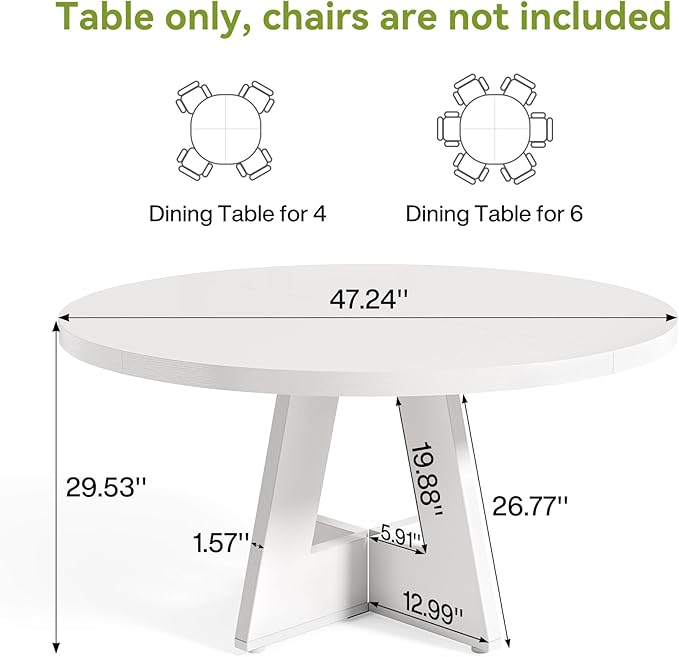 LITTLE TREE Round Dining Table for 4-6 People, 47 Inches White Circle Dinner Kitchen Dining Room Table with Wooden Pedestal Base for Kitchen, Living Room