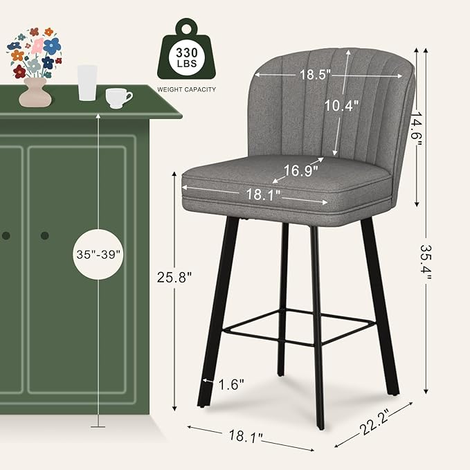 Swivel Counter Height Bar Stools Set of 3, 26'' Modern Barstools with Backs and Metal Legs, Upholstered Bar Chairs,Mid-Gray,Fabric Stools for Kitchen Island Chairs