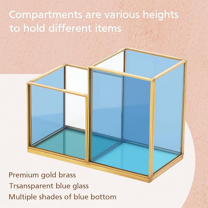 Gold & Blue Glass Desk Organizer - Elegant Office Decor, Aesthetic Makeup Brush Holder, 2-Compartment Pen Holder, Pencil Cup, Vanity & Cosmetic Storage, Desk Accessories for Women