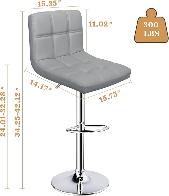 Bar Stools Set of 2,Armless Adjustable Swivel Barstools with Back,6-Squares Double Needle PU Leather Counter Height Bar Stools for Kitchen Island,Light Gray