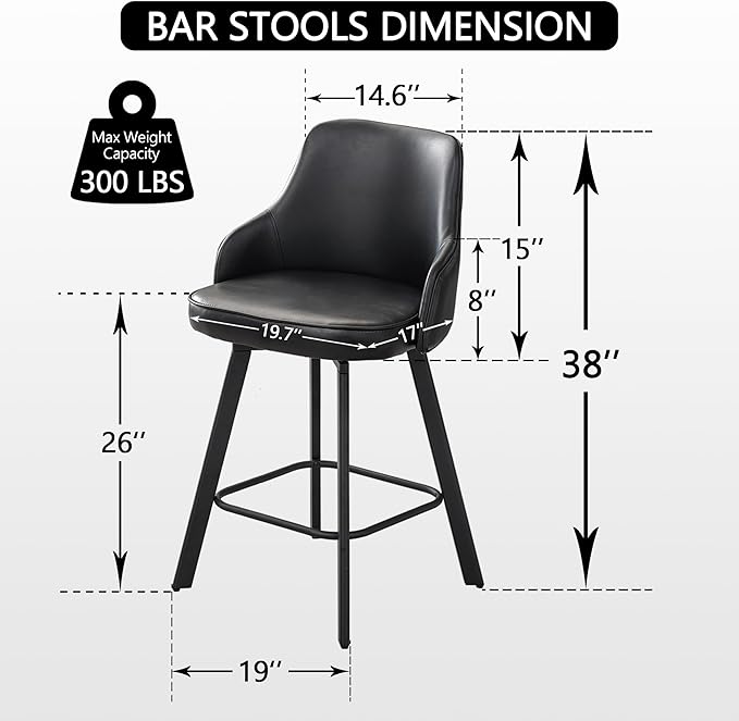 Bar Stools Set of 3, 26" Swivel Counter Height Bar Stools with High Back, Faux Leather Kitchen Barstools Counter Height for Kitchen Island (Black, 3PCS 26" Counter Stools)