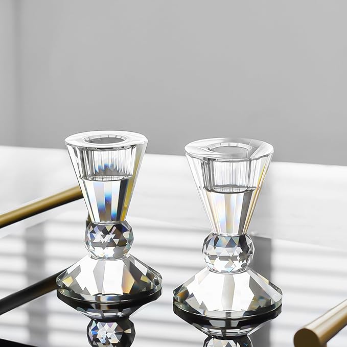 Crystal Candle Holders Set of 2,Pillar Candlestick Holders, Ultra Elegant & Modern Centerpiece Home Décor,Wedding