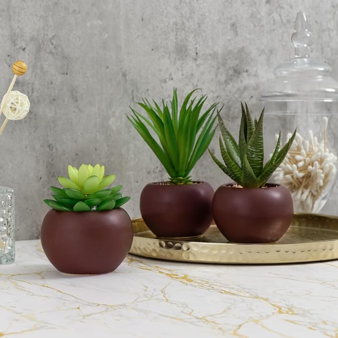 MyGift Succulents Plants Artificial, Fake Faux Indoor House Plants in Round Brown Ceramic Pots, Set of 3