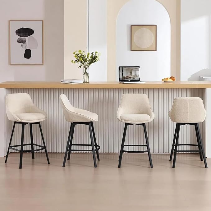 Zesthouse Swivel Bar Stools Set of 4, Modern Counter Height Barstools with Backs, 26'' Upholstered Linen Fabric High Chairs for Island Kitchen, Counter Height Chairs with Metal Legs, Beige