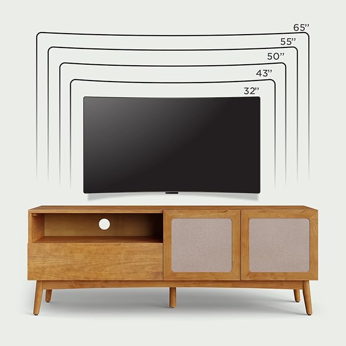 Calista TV Stand 1 Drawer 2 Door – Teak Brown Finish Media Console with Open Shelf & Fabric Panel Doors, Mid-Century Modern Style with Tapered Legs, Easy Assembly