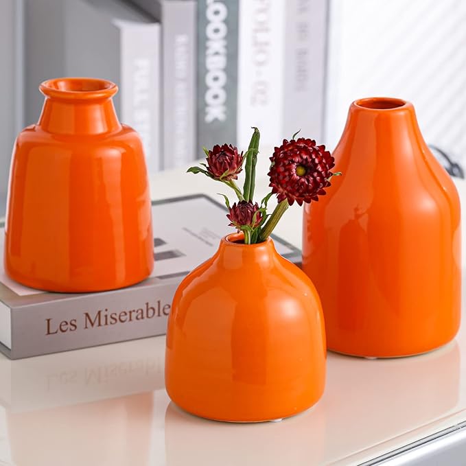 Small Vase Set of 3 for Modern Home Decor,Ceramic Vases for Centerpieces Flower Vases for Living Room Wedding/Dinner Table/Party -Orange
