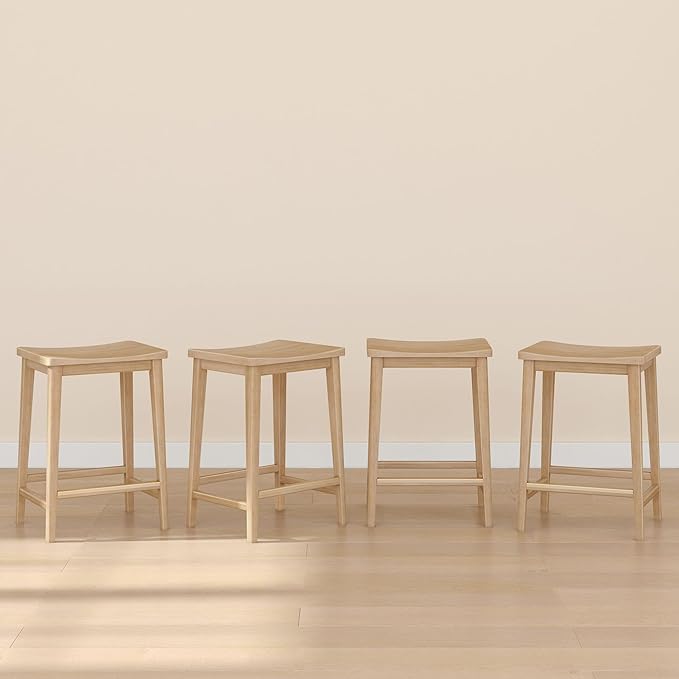 Plank+Beam Smythe Counter Stool, 24", Set of 4, Sturdy Wood Modern Kitchen Counter Height Stool, Saddle Seat Backless Counter Chair, Metal Footrest, Blonde