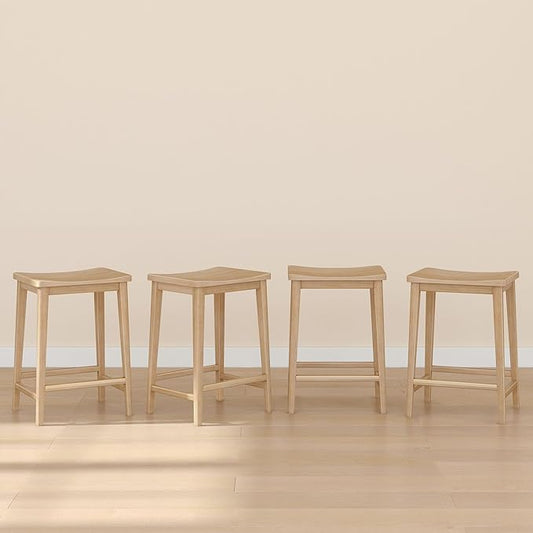 Plank+Beam Smythe Counter Stool, 24", Set of 4, Sturdy Wood Modern Kitchen Counter Height Stool, Saddle Seat Backless Counter Chair, Metal Footrest, Blonde