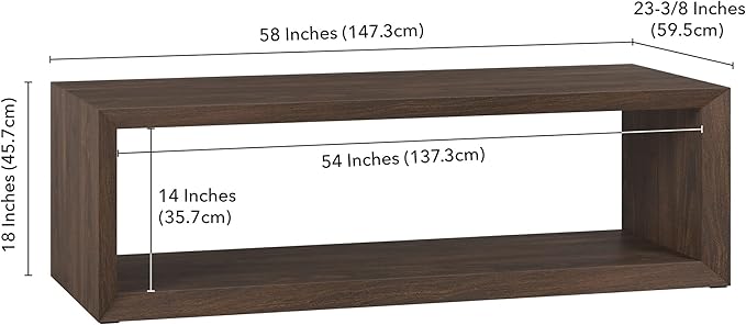 Henn&Hart 58" Rectangular Coffee Table with Open Storage Shelf for Living Room, Family Room, or Office, Alder Brown