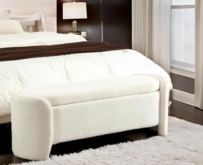 Modern White Storage Ottoman Bench - Upholstered Boucle Teddy Fabric, 50" End of Bed With Sherpa Seating for Bedroom/Entryway/Living Room/Window