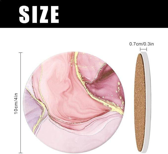 Drink Coasters Set of 4 with Holder Round Water Absorbent Pink Cute Marble Ceramic Coasters Tabletop Protection, Suitable for Various Mugs, Home Decor，Housewarming Gift, 4 Inch