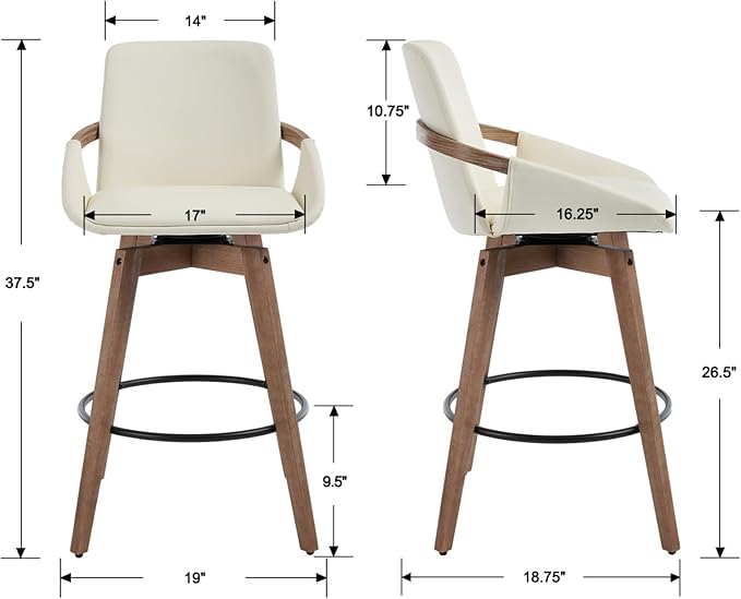 EALSON Swivel Counter Height Bar Stools Set of 2 Mid Century Modern Natural Wood Barstools with Back and Arms Comfortable Leather Upholstered Counter Stools Bar Chairs for Kitchen Island, Beige