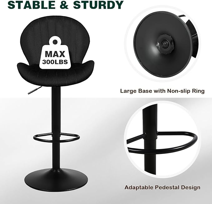 Modern Bar Stools Set of 3, Velvet Height Adjustable Swivel Barstools, Armless Kitchen Island Counter Chairs with Back & Footrest, Black