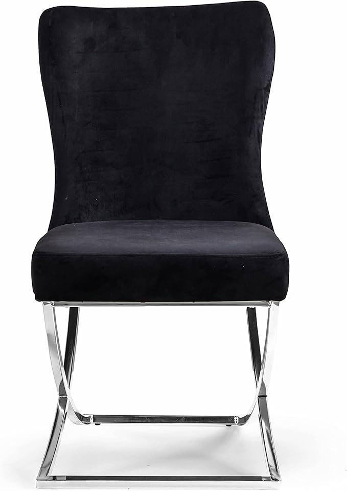 Ottomanson Royal Dining Chairs Set of 4 – Upholstered Tufted Microfiber, Assembled, Silver Metal Legs, Beech Wood Frame, 350 lb Capacity, Black