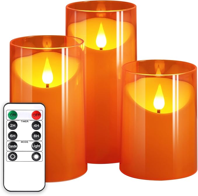 NURADA Flameless Candles with Remote Timers - 3D Wick Battery Operated LED Electric Fake Candles Realistic for for Halloween Thanksgiving Dinner Tables Wedding Party Home Fall Decor - 3 Pack Orange