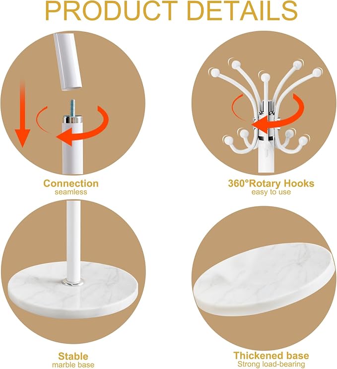 Metal Coat Rack Stand with Natural Marble Base, Modern Coat Rack Freestanding, 360°Rotary Coat Racks with 14 Hooks, Heavy Duty Coat Hall Tree Hanger Stand for Entryway, Office