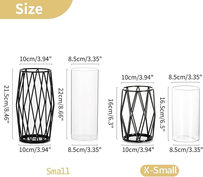 Nuptio Black Pillar Candle Holders - Glass Candles Holder with Geometric Metal Rack Stand for Wedding Birthday Party Centerpieces - Flower Vase Small Hurricane Vases for Office Living Room