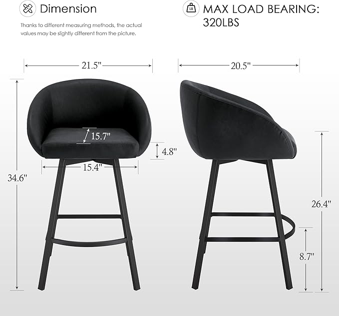 Zesthouse Swivel Counter Height Stools Set of 2, Modern Bar Stools for Kitchen Island, 26" Upholstered Kitchen Counter Height Barstools with Barrel Arms & Backs, Black Faux Leather Bar Chairs