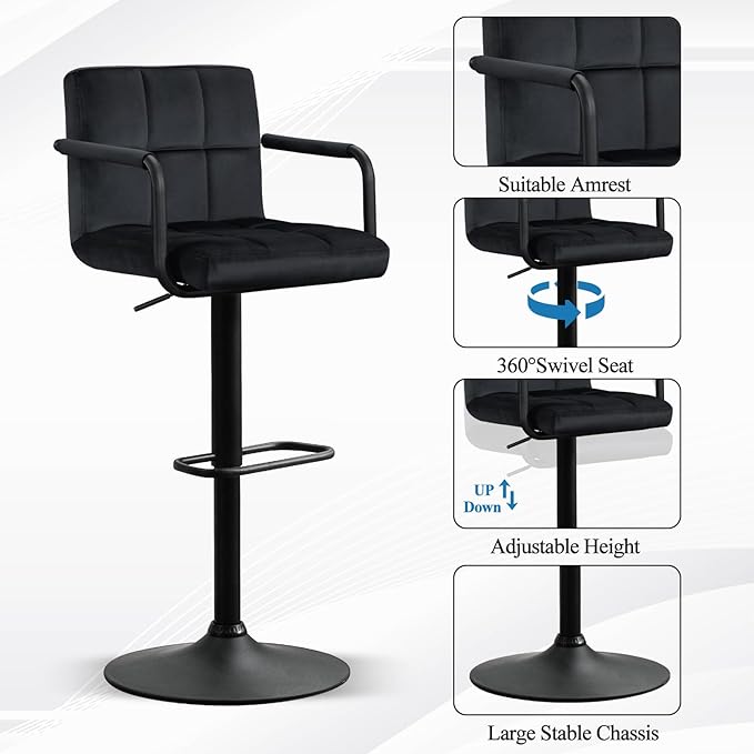 Furniliving Swivel Bar Stools Set of 4, Adjustable Kitchen Counter Height BarStools with Arms, Velvet Upholstered Bar Chair with Back and Footrest for Dining Room, Kitchen, Pub, Bar (Black)