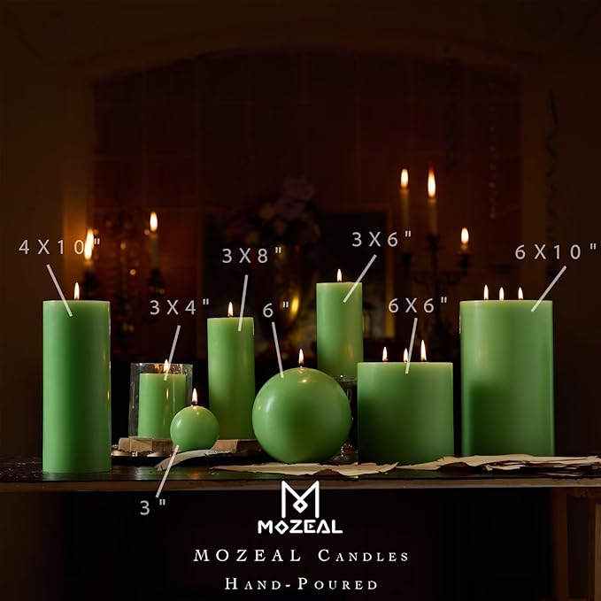 MOZEAL Hand-Poured, 3 Inch Green Round Ball Candles - Elegant Green Round Pillar Candles Set of 3, Dripless, Unscented, Smokeless, Ideal for Spring Celebrations.