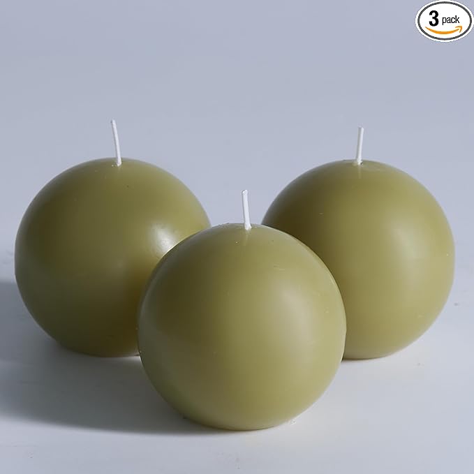 MOZEAL Hand-Poured, 3 Inch Olive Green Round Ball Candles - Elegant Olive Green Round Pillar Candles Set of 3, Dripless, Unscented, Smokeless, Ideal for Autumn Gatherings.