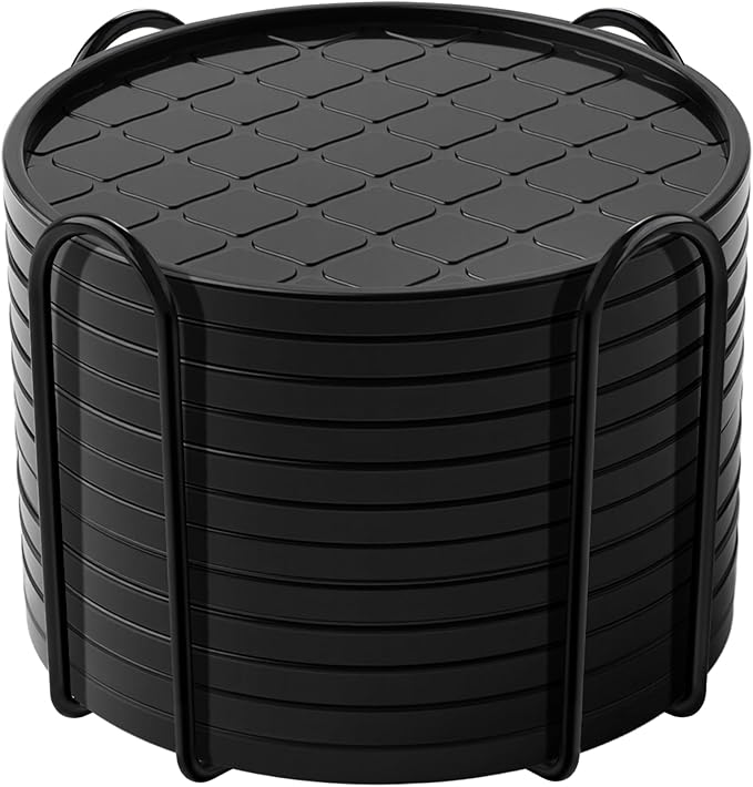 Coasters,Drink Coasters Set of 8 with Holder (Black, 12pcs)