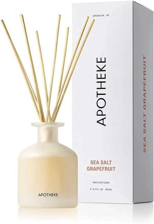 Apotheke Luxury Scented Reed Diffuser for Home, Sea Salt Grapefruit - 6.7 Fl Oz Essential Oil Aromatherapy - 10 Rattan Scent Sticks Room Diffuser - Long-Lasting Fragrance for Bedroom, Home, Bathroom