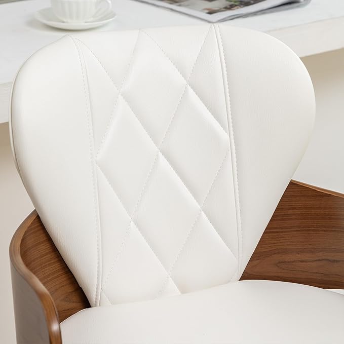 30” Swivel Bar Stools Set of 2,White Faux Leather Bar Height Stools with Armrest and Fishtail-Shaped Back,Mid Century Modern High Barstools,Walnut Bar Chair for Kitchen Island or Home Bar