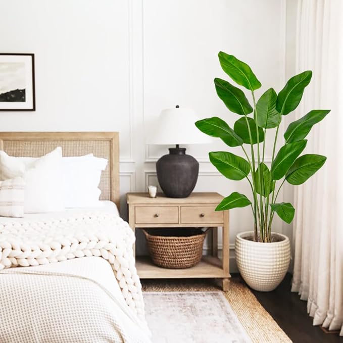 Hollyone Large Bird of Paradise Artificial Plant in Pot 5FT Tall Fake Bird of Paradise Plant Faux Tropical Palm Tree Faux Plantain Banana Leaf for Indoor Outdoor Home Office Garden Decor, 13 Leaves