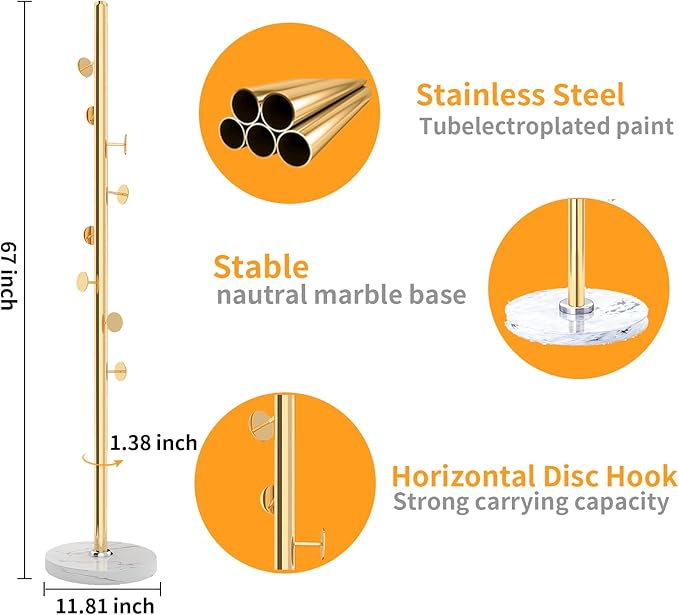 Metal Coat Rack Freestanding, Sturdy Coat Rack Stand with Natural Marble Base, Modern Golden Coat Racks Tree Hats Hanger Holder Stand for Entryway, Hallway, Bedroom