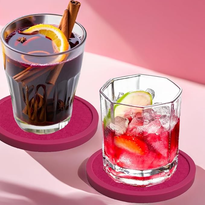 Absorbent Coasters for Drinks with Holder - 6packs, Silicone Coaster with Soft Felt Insert (4.3 inch Coasters with 4.5 inch Holder, Pink)