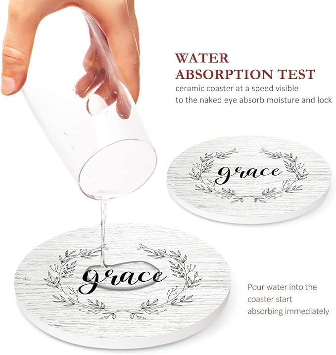 Britimes Coaster for Drinks Set of 6, White Wood Inspirational Love Wreath Absorbent Round Ceramic Stone Mat, with Cork Base and Metal Holder, Gift for Housewarming Room Bar Decor