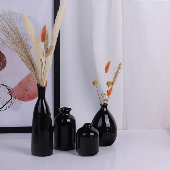 Black Ceramic Bud Vases Set of 4, Farmhouse Mantel & Shelf Accents, Small Vases for Living Room, Entryway, Bathroom, Kitchen & Office Decor, Coffee Table Centerpieces, Bulk Mini Vases