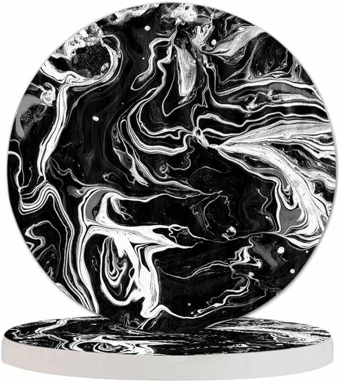 Black Artistic Graphic Dye Coasters for Drinks Office Coffee Table Monochrome Water Surface Art Fluid Ink Liquid Living Room Decor Set of 2 for Cold Drinks Wine Mugs and Cups 4 Inch