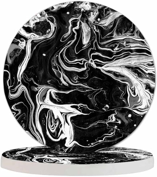 Black Artistic Graphic Dye Coasters for Drinks Office Coffee Table Monochrome Water Surface Art Fluid Ink Liquid Living Room Decor Set of 2 for Cold Drinks Wine Mugs and Cups 4 Inch